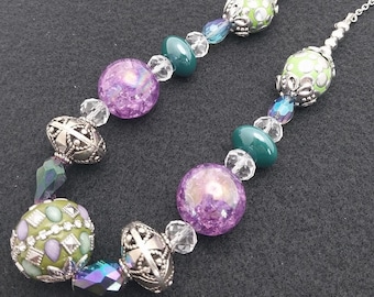 Juliette NC066, Green and Purple Beaded Necklace, Renaissance Style Necklace, Statement Jewelry, Mixed Media Necklace, Gift for Her