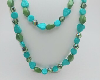 Janet NC025, Aqua and Green Beaded Necklace, Aqua Double Strand Necklace, Aqua Leaf Necklace, Birthday Gift, Gift for Her