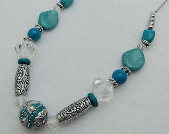 Juanita NC067, Turquoise and Silver Necklace, Glass Turquoise Necklace, Western Style Necklace, Statement Necklace, Mixed Media Necklace