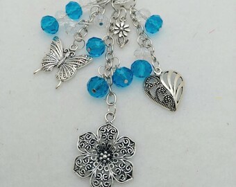 Maggie CD124, Blue Spring Purse Charm, Flower Purse Charm, Heart Purse Charm, Butterfly Purse Charm, Mother's Day Gift, Spring Keychain