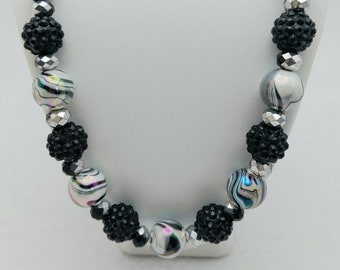 Anna NC076, Black and Silver Beaded Necklace, Mixed Media Necklace, Classic Style Necklace, Dressy Necklace, Summer Necklace, Gift for Her