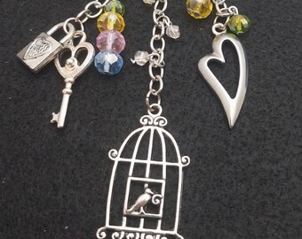 Nina CD056, Birdcage Purse Charm, Pastel Colors Purse Charm, Lock and Key Bag Charm, Bird in Cage Keychain, Birdcage Keychain, Gift for Her
