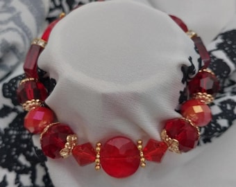 Deidra BR018, Red Beaded Bracelet, Dressy Bracelet, Beaded Bracelet, Red Glass Beads, Adjustable Bracelet, Summer Jewelry, Birthday Gift