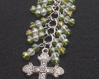 Terri CD112, Cross Purse Charm, Beaded Purse Charm, Car Charm, Cross Keychain, Green Iridescent, Summer Jewelry, Birthday Gift, Faith Gift