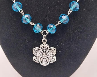 Agatha aqua NC056, Aqua Beaded Necklace, Glass Beaded Necklace, Silver Flower Necklace, Aqua Glass Beads, Summer Jewelry, Birthday Gift