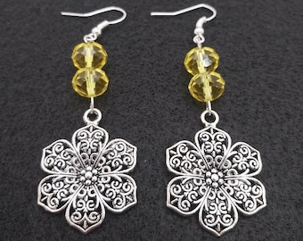 Agatha yellow ER070, Flower Drop Earrings, Flower Dangle Earrings, Casual Earrings, Dressy Earrings, Yellow Bead Earrings, Birthday Gift