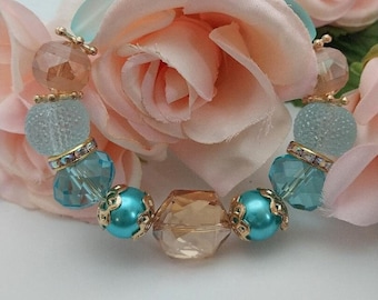 Brooke BR016, Beaded Bracelet, Pink Blue Bracelet, Memory Wire Bracelet, Adjustable Bracelet, Spring Bracelet, Summer Jewelry, Birthday Gift