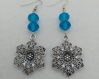 Agatha aqua ER068, Flower Dangle Earrings, Flower Drop Earrings, Casual Earrings, Dressy Earrings, Aqua Accent Earrings, Birthday Gift