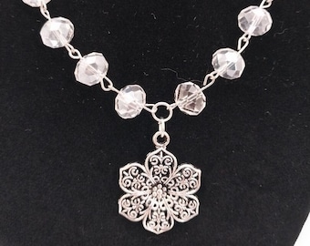 Agatha clear NC053, Beaded Flower Necklace, Filigree Flower Necklace, Spring Necklace, Summer Necklace, Gift for Her, Her Birthday Gift