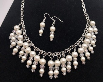 Katrina NS045, Pearl Statement Necklace, Glass Pearl Necklace, Pearl Bead Necklace Set, Glass Pearl Earrings, Gifts for Her, Birthday Gift,