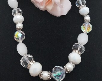 Piper NC052, White Beaded Necklace, White Glass Necklace, White Spring Necklace, White Iridescent Necklace, Gift for Her, Summer Jewelry