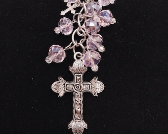Brenna CD114, Pink Beaded Purse Charm, Cross Purse Charm, Cross Keychain, Spring Jewelry, Summer Jewelry, Birthday Gift, Cross Car Charm