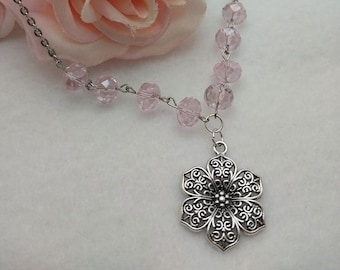 Agatha pink NC055, Pink Beaded Necklace, Flower Charm Necklace, Summer Necklace, Light Pink Beads, Summer Jewelry, Birthday Gift