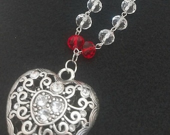 Stella 2 NC064, Jeweled Heart Necklace, Mixed Media Necklace, Silver Pendant Heart Necklace, Beaded Heart Necklace, Valentine Gift, Her Gift