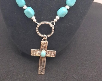 Grace NC091, Cross Necklace, Turquoise, Lava Beads, Faith Statement, Gift for Woman, Christian Jewelry