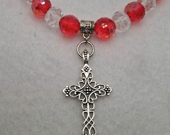 Roma NC090, Beaded Cross Necklace, Red Clear Silver, Religious Jewelry, Gift for Woman