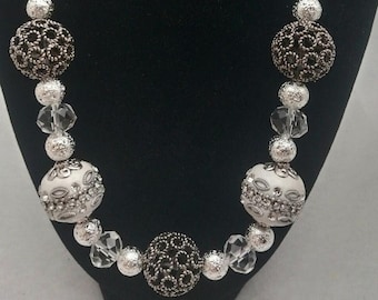 Madelyn NC081, Silver Mixed Media Necklace, Silver Beaded Necklace, Lava Bead Necklace, Bold Statement Necklace, Gift for Her,
