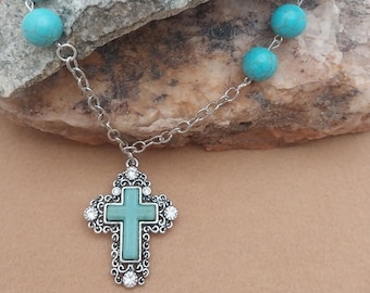 Maria NC059, Turquoise Necklace, Turquoise Cross Necklace, Turquoise Bead Necklace, Western Necklace, Cross Necklace, Gifts for Her