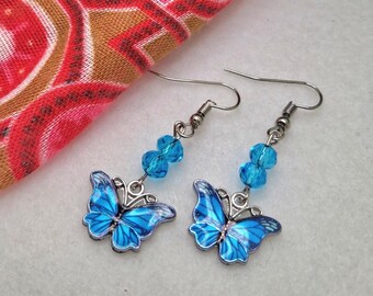 Beauty ER104, Blue Butterfly Earrings, Glass Beads, Summer Jewelry, Gift for Woman
