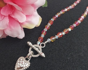 Mia NC070, Heart Toggle Necklace, Pink Yellow Necklace, Beaded Necklace, Summer Necklace, Dressy Necklace, Gift for Her, Summer Jewelry