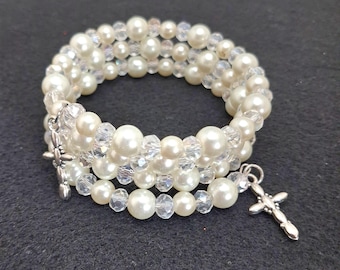 Charity BR052, Pearl and Clear Bracelet, Cross Accents, Christian Jewelry, Gift for Woman