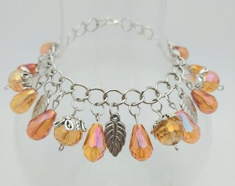 Penny BR011, Autumn Beaded Bracelet, Autumn Charm Bracelet, Fall Glass Bead Bracelet, Amber Colored Bead Bracelet, Birthday Gift, Her Gift