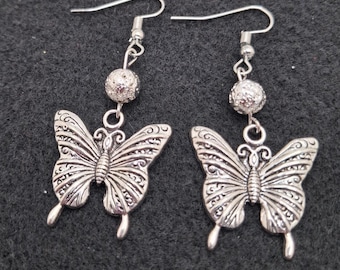 Danielle ER105, Silver Butterfly Earrings, Lava Bead, Summer Jewelry, Gift for Woman