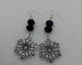 Agatha black ER067, Flower Dangle Earrings, Flower Drop Earrings, Casual Earrings, Dressy Earrings, Black Accent Earrings, Birthday Gift