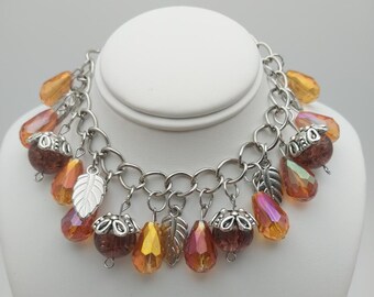 Riley BR012, Autumn Charm Bracelet, Gold and Brown Beaded Bracelet, Glass Bead Bracelet, Amber Colored Bracelet, Birthday Gift, Her Gift