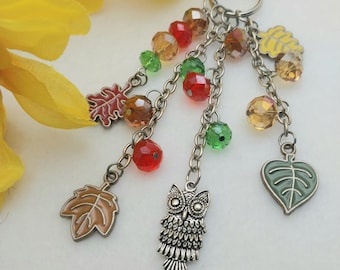 Cora CD061, Fall Leaves Purse Charm, Fall Colors Purse Charm, Owl Purse Charm, Autumn Purse Charm, Autumn Bag Charm, Fall Gift