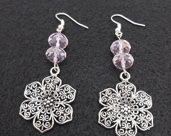 Agatha pink ER069, Flower Drop Earrings, Flower Dangle Earrings, Casual Earrings, Dressy Earrings, Light Pink Accent Earrings, Birthday Gift
