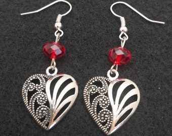 Lydia ER097, Silver Heart Earrings, Filigree Heart Earrings, Heart Dangle Earrings, Valentine Earrings, Love Earrings, Valentine Gift