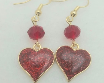 Ruby Red ER095, Red Enamel Heart Earrings, Heart Dangle Earrings, Valentine Earrings, Valentine Gift. Birthday Gift, Gift for Her