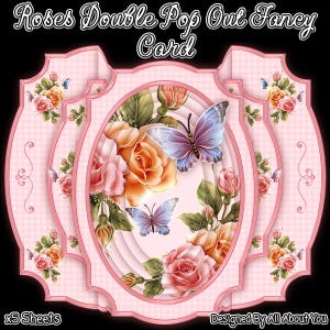 Peut inclure: Une carte fantaisie rose à double effet pop-up avec un motif floral et papillon. La carte présente des roses dans des tons de rose et d'orange, avec deux papillons. Le texte "Roses Double Pop Out Fancy Card" est en haut.