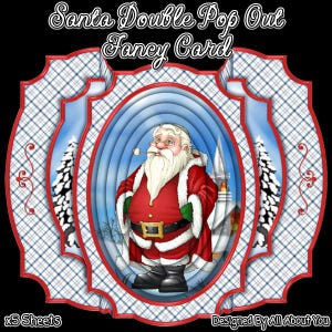 Peut inclure: Carte pop-up sur le thème de Noël avec le Père Noël en costume rouge et barbe blanche. La carte a un design en couches avec un motif à carreaux et le texte "Santa Double Pop Out Fancy Card".