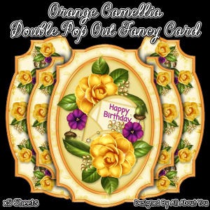 Peut inclure: Une carte décorative avec un motif floral. La carte présente des camélias jaunes, des fleurs violettes et des feuilles vertes, avec le texte "Happy Birthday". La carte est intitulée "Orange Camellia Double Pop Out Fancy Card" et comprend le texte "x5 Sheets."
