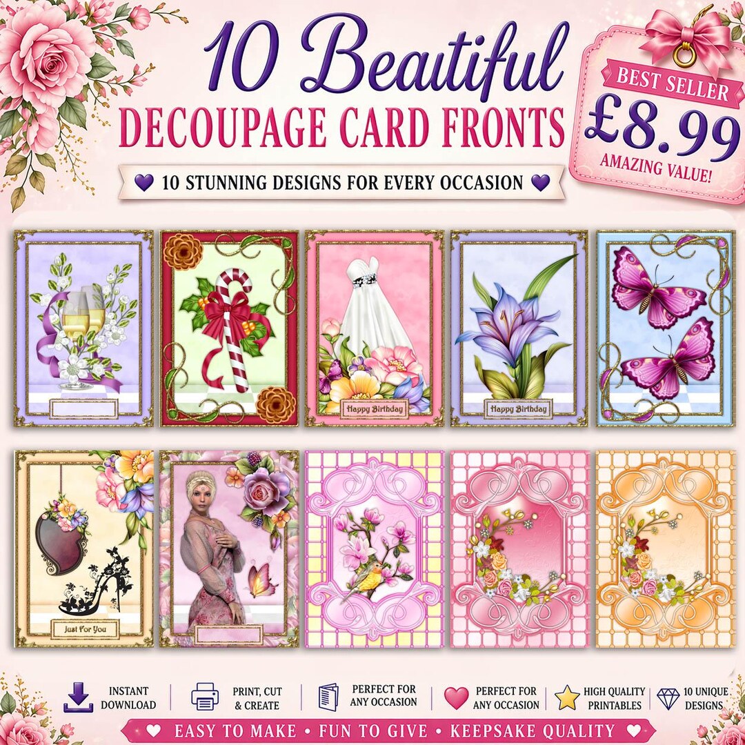 10 Decoupage Card Front Bundle, Printable Card Making Kit, Floral Owl ...