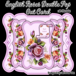 Peut inclure: Carte pop-up double English Roses rose clair avec des motifs floraux. La carte présente un motif central avec une grande rose rose, des baies et les mots "Best Wishes" sur un parchemin. Conçu par All About You.