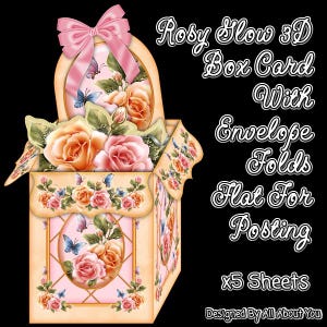 Puede incluir: Tarjeta caja 3D decorativa con un diseño floral con rosas y mariposas. La tarjeta tiene un lazo rosa y el texto "Rosy Slow 3D Box Card With Envelope Folds Flat For Posting x5 Sheets Designed By All About You".
