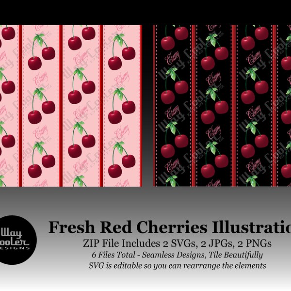 Cherries Seamless Graphic, 2 Colors, Editable SVG and PNG Included, Delicious Red Cherries Clip Art *Digital*