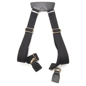 May include: Black canvas shoulder straps with leather accents and brass hardware. The straps are adjustable and have a buckle closure.