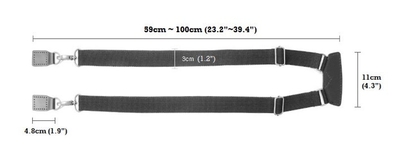 May include: Black adjustable straps with silver buckles and a black padded piece at the end. The straps are 23.2 to 39.4 inches long and 1.2 inches wide. The padded piece is 4.3 inches long.