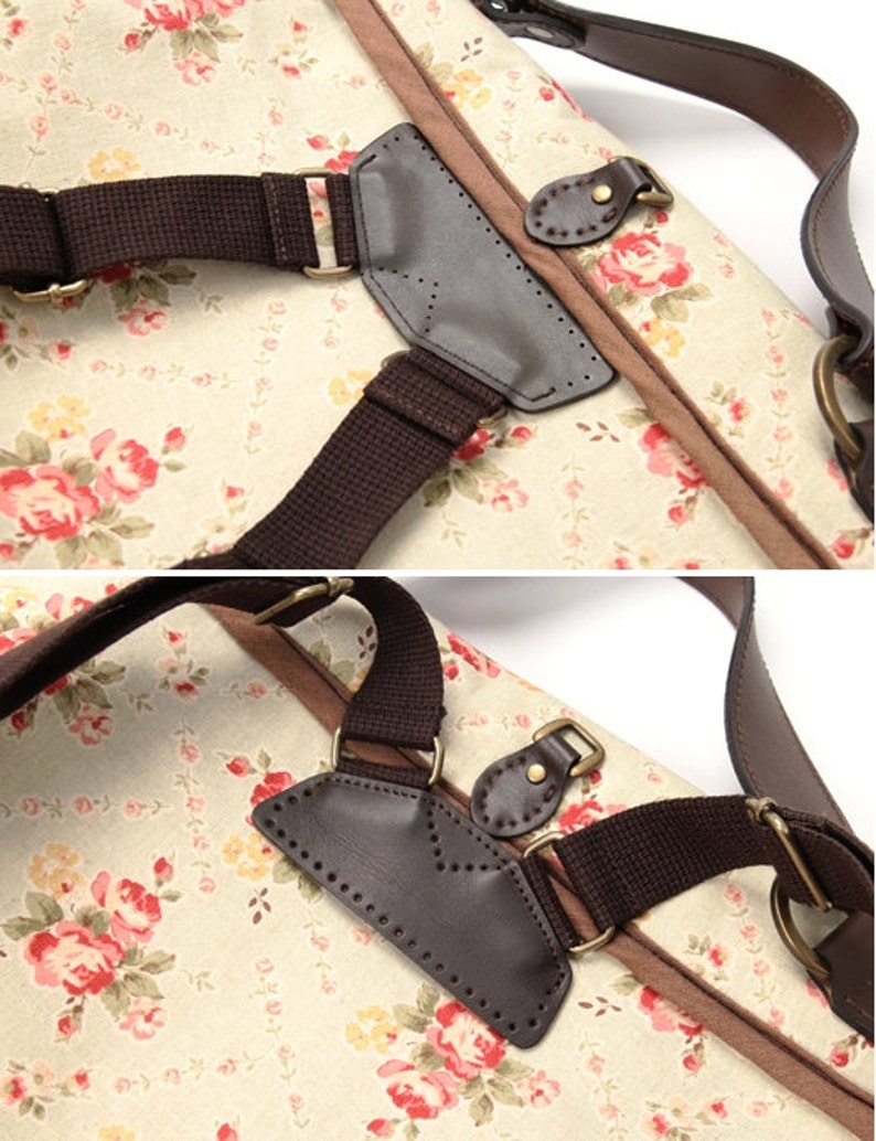 May include: A brown canvas bag with a floral print and brown leather accents. The bag has adjustable straps that can be worn as a backpack or shoulder bag.