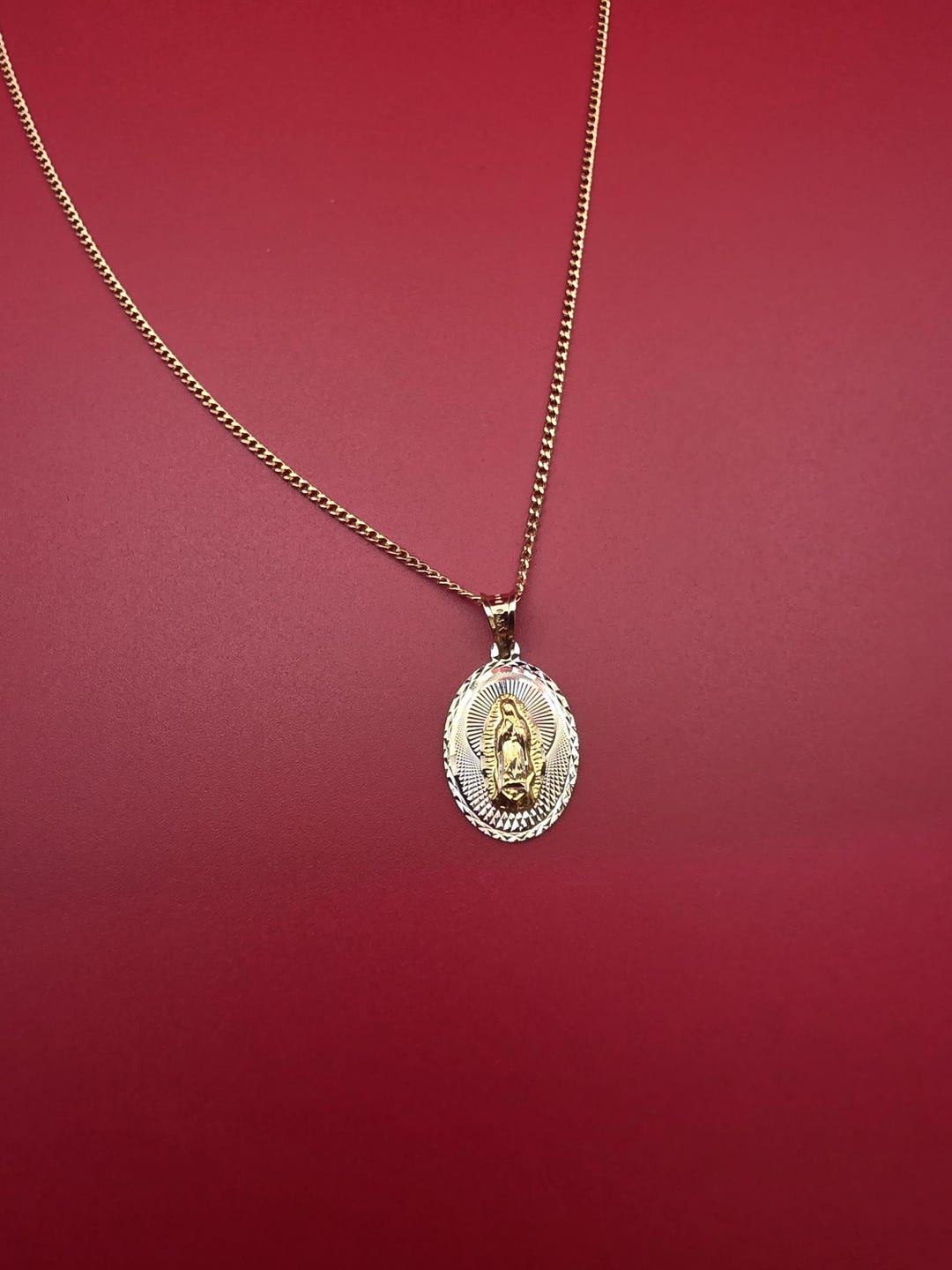 14k Solid Gold Guadalupe Pendant • Three‑tone Oval Medal • 22mm Virgin ...