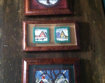 Collection of Three Primitive Folk Art Framed Early Antique Framed Handhooked Farm House Rugs! So Sweet and One of a Kind!