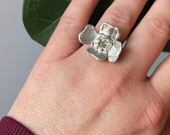 Dogwood spring blossom silver flower ring with optional gemstone - forest inspired jewelry for renewal and creation