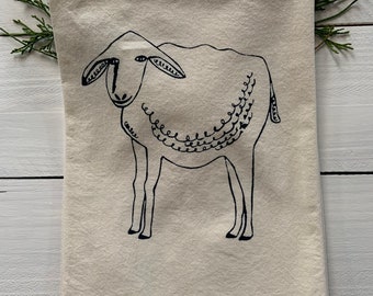 Sheep tea towel, cotton flour sack towel, screen printed, farmhouse decor, eco friendly, sheep gift, farm animals,tea towel