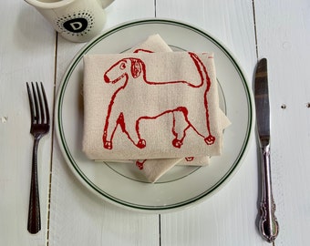 Dog Napkins, Set of 2 cloth napkins, Dinner napkins, Dog kitchen decor, Hand printed napkins, Flour sack napkins