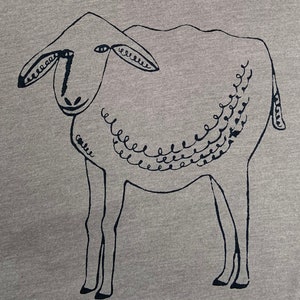 May include: A black and white illustration of a sheep with a curly tail and a decorative pattern on its back.