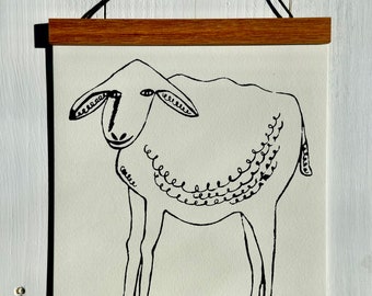 Sheep print, rustic farmhouse decor, hand printed, wall art, ready to frame sheep art, 8" x 10", small wall art, art print, handmade